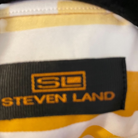 NEW STEVEN LAND FRENCH MEN'S YELLOW MULTI STRIPED LONG SLEEVE DRESS SHIRT, SZ 17 - Picture 10 of 11